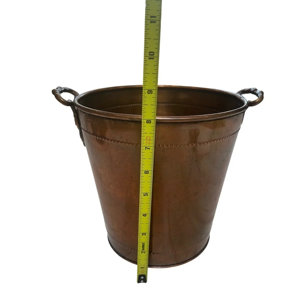 Vintage Solid Copper Bucket Wine Chiller Planter Beaded Trim Shell Handles 9